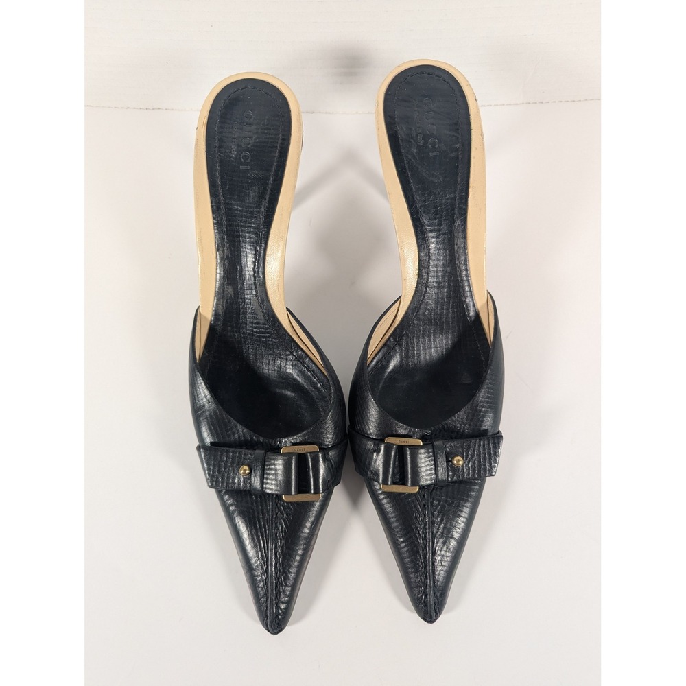 Vintage Gucci Black Leather Pointed Toe Mules Buckle Stiletto Heels Size 9B